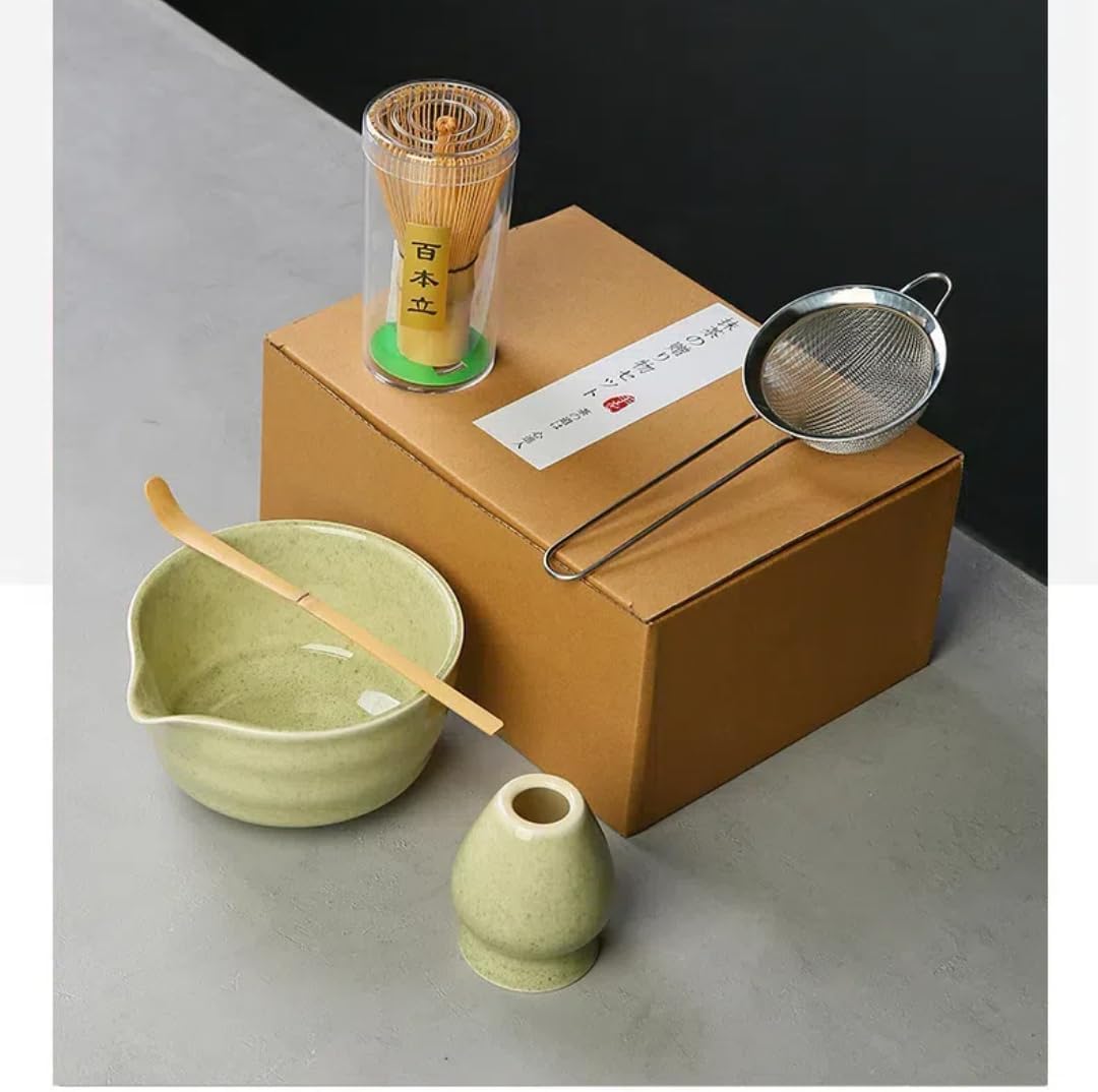6 Piece Premium Matcha Set (Porcelain Bowl with Spout, Whisk, Scoop, Sifter and Spoon)