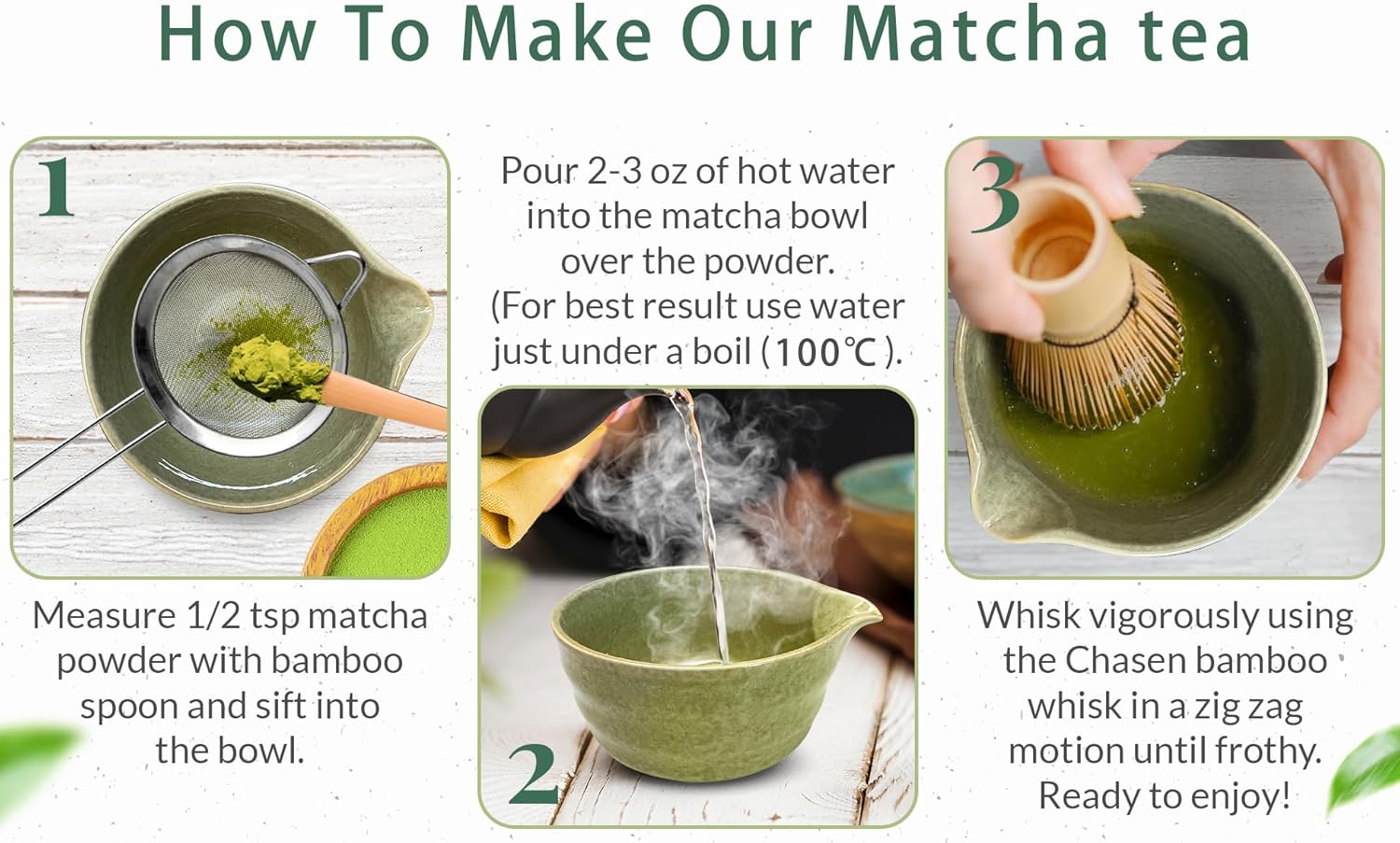 6 Piece Premium Matcha Set (Porcelain Bowl with Spout, Whisk, Scoop, Sifter and Spoon)