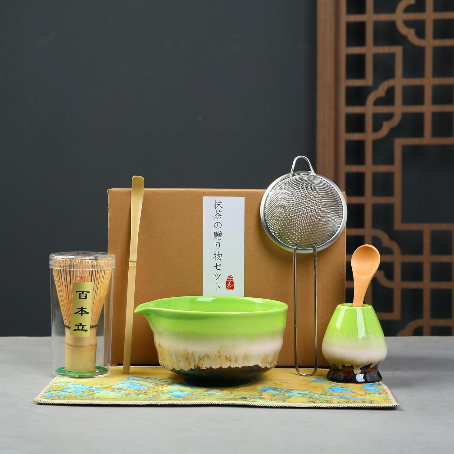 6 Piece Premium Matcha Set (Porcelain Bowl with Spout, Whisk, Scoop, Sifter and Spoon)